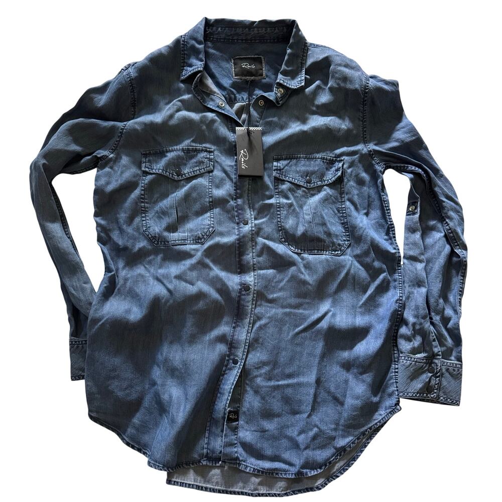 New! Rails Chambray Dark Denim Long Sleeve Snap Button Down Shirt Women's Medium